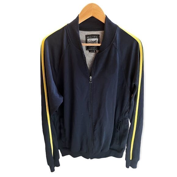 BEAUTIFUL GIANT FULL ZIP UP NAVY BLUE YELLOW STRIPE KNIT WARM UP JACKET XL - Picture 3 of 8